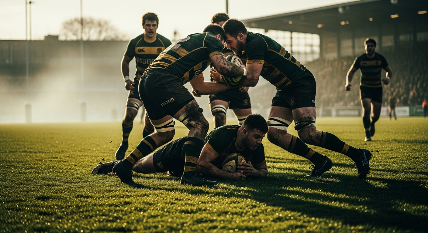 Rugby tackle on a green field at golden hour